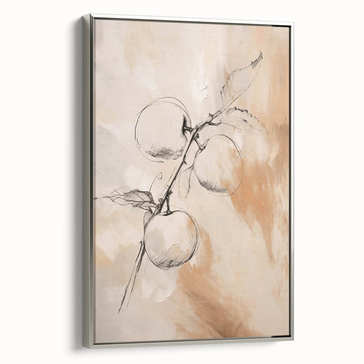 Framed abstract minimalist wall art in silver, showcasing a modern design with soft lines and subtle colors, displayed from a side view.