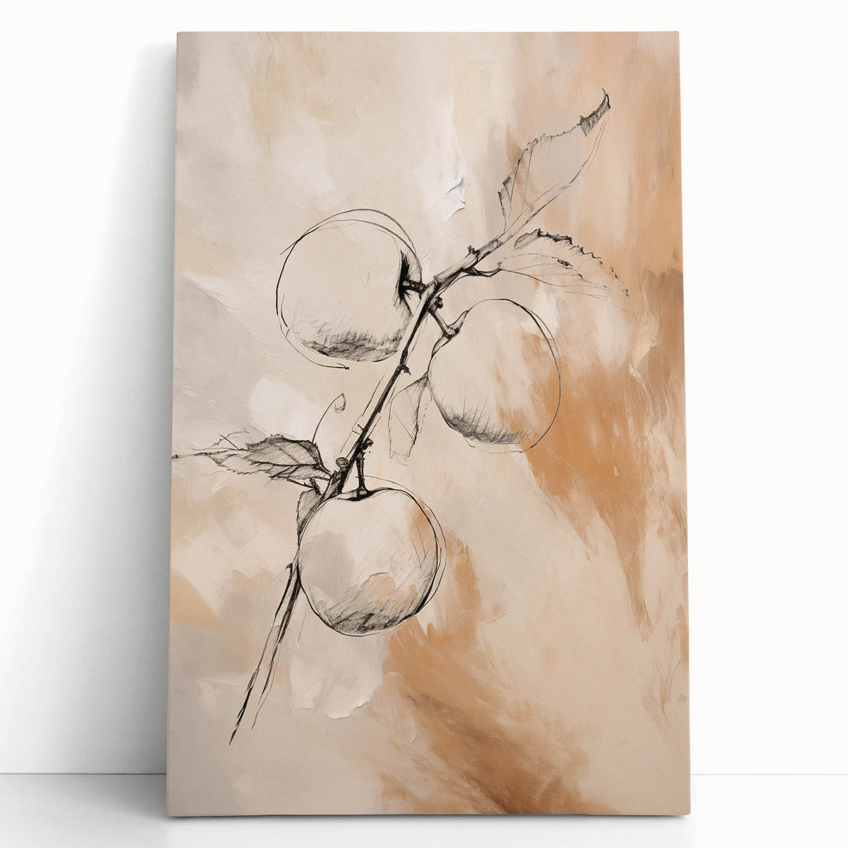 Abstract minimalist wall art on stretched canvas featuring soft earth tones with geometric shapes, leaning against a neutral wall for a modern decor touch.