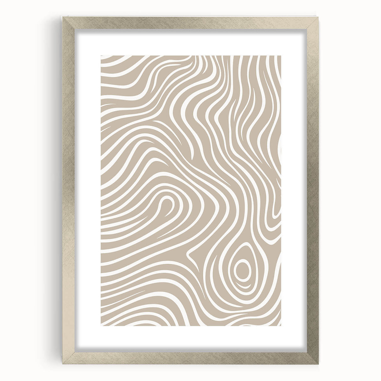 Abstract minimalist wall art collection showcasing a silver-framed piece with a mat, featuring soft colors and geometric shapes for modern decor.