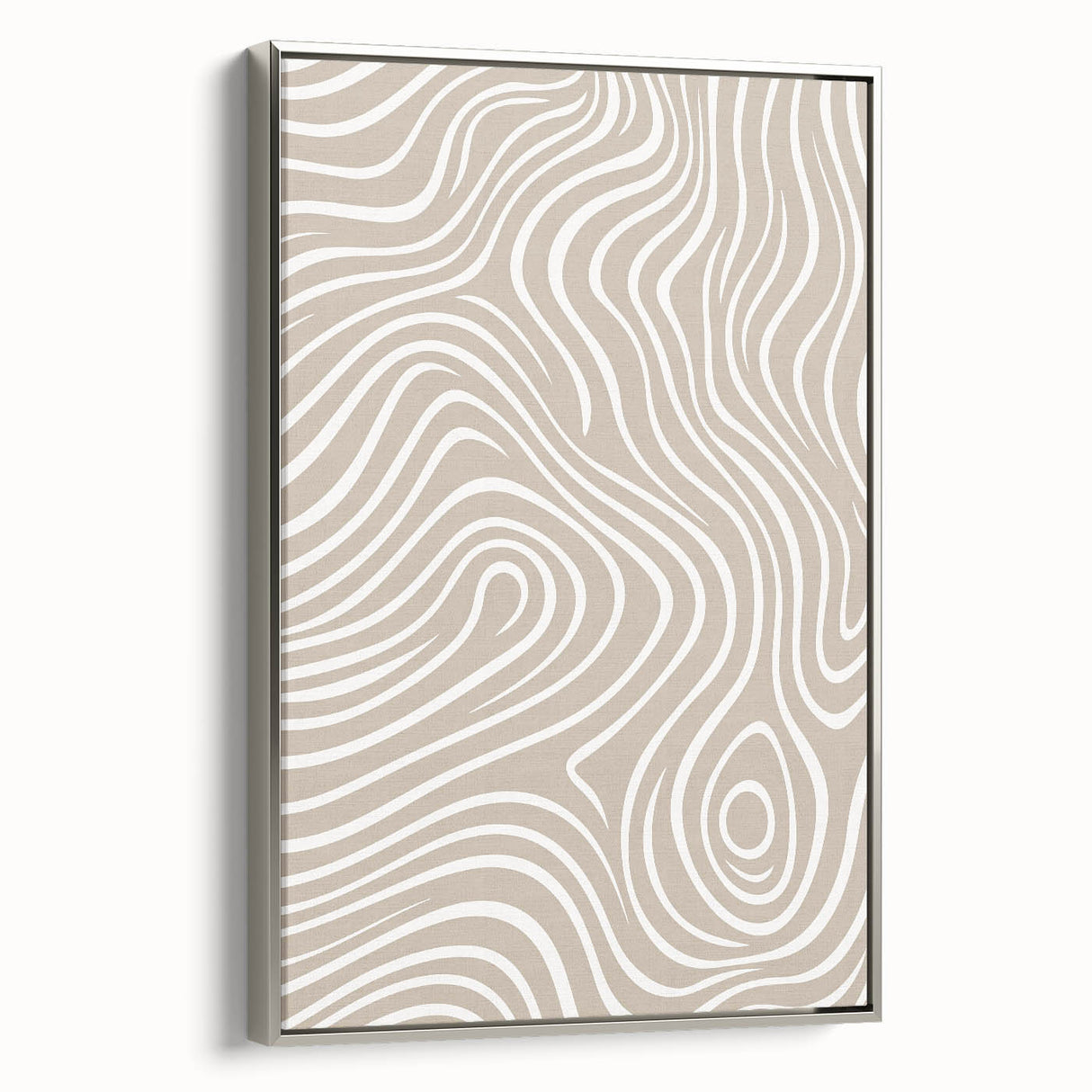 Framed abstract minimalist wall art design featuring a silver frame and a sleek canvas print, showcasing elegant lines and soft colors.
