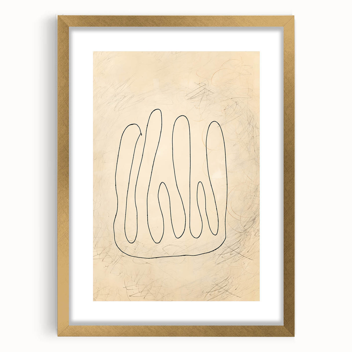 Abstract minimalist wall art design in a sleek gold frame with a mat, showcasing subtle tones and clean lines, perfect for modern decor.