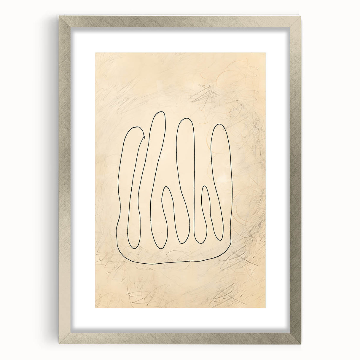 Abstract minimalist wall art design in a silver frame, showcasing a clean and modern aesthetic with a mat, perfect for contemporary decor.