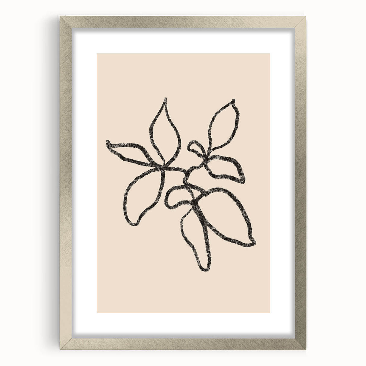 Framed abstract minimalist wall art design in silver, showcasing a modern aesthetic with a mat, ideal for contemporary home decor.