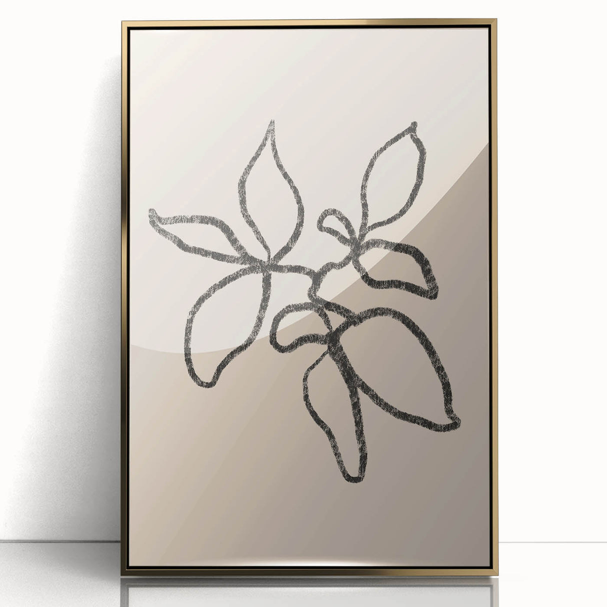 Framed abstract minimalist wall art featuring a gold-accented design on a white background, perfect for modern interior decor.