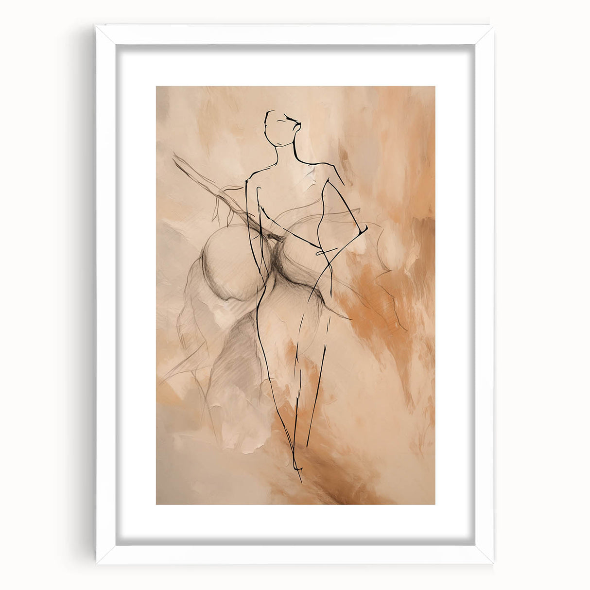 Abstract minimalist wall art collection featuring a sleek white frame and mat, showcasing elegant geometric designs in soft hues, perfect for modern decor.