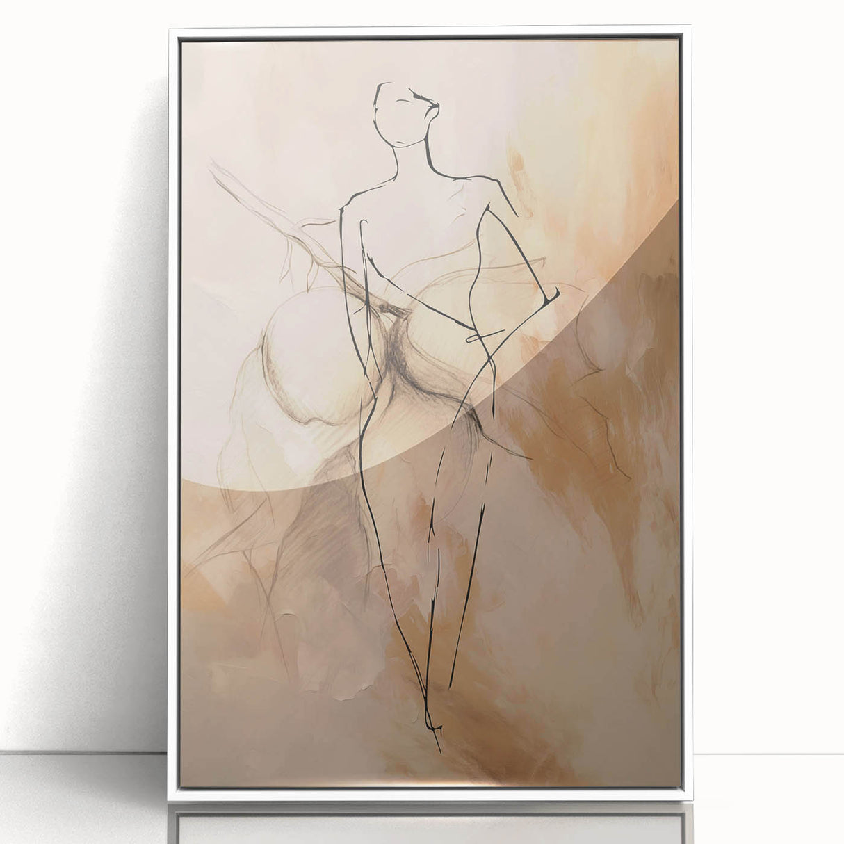Framed abstract minimalist wall art with a sleek white frame, showcasing geometric shapes in soft pastel colors, perfect for modern decor.