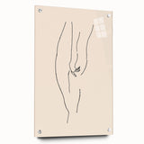 Minimalist abstract wall art design displayed in a side view on clear acrylic glass, showcasing vivid colors and sleek pins for hanging.