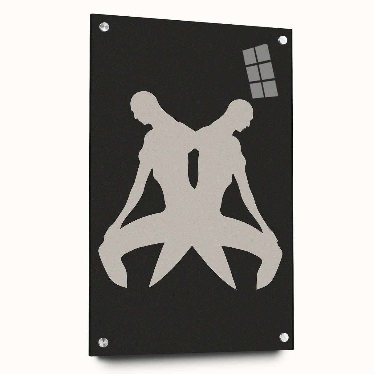 Abstract minimalist wall art collection displayed in acrylic glass, showcasing vibrant colors and geometric patterns, pinned elegantly to a wall.