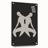 Abstract minimalist wall art collection displayed in acrylic glass, showcasing vibrant colors and geometric patterns, pinned elegantly to a wall.