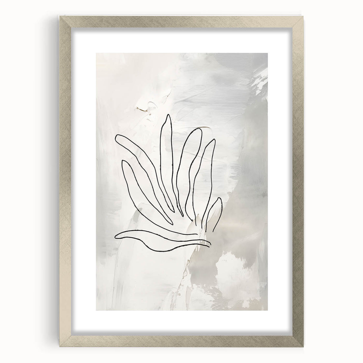 Framed abstract minimalist wall art piece with a sleek silver frame and white matting, showcasing geometric patterns and soft color tones.