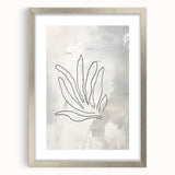 Framed abstract minimalist wall art piece with a sleek silver frame and white matting, showcasing geometric patterns and soft color tones.