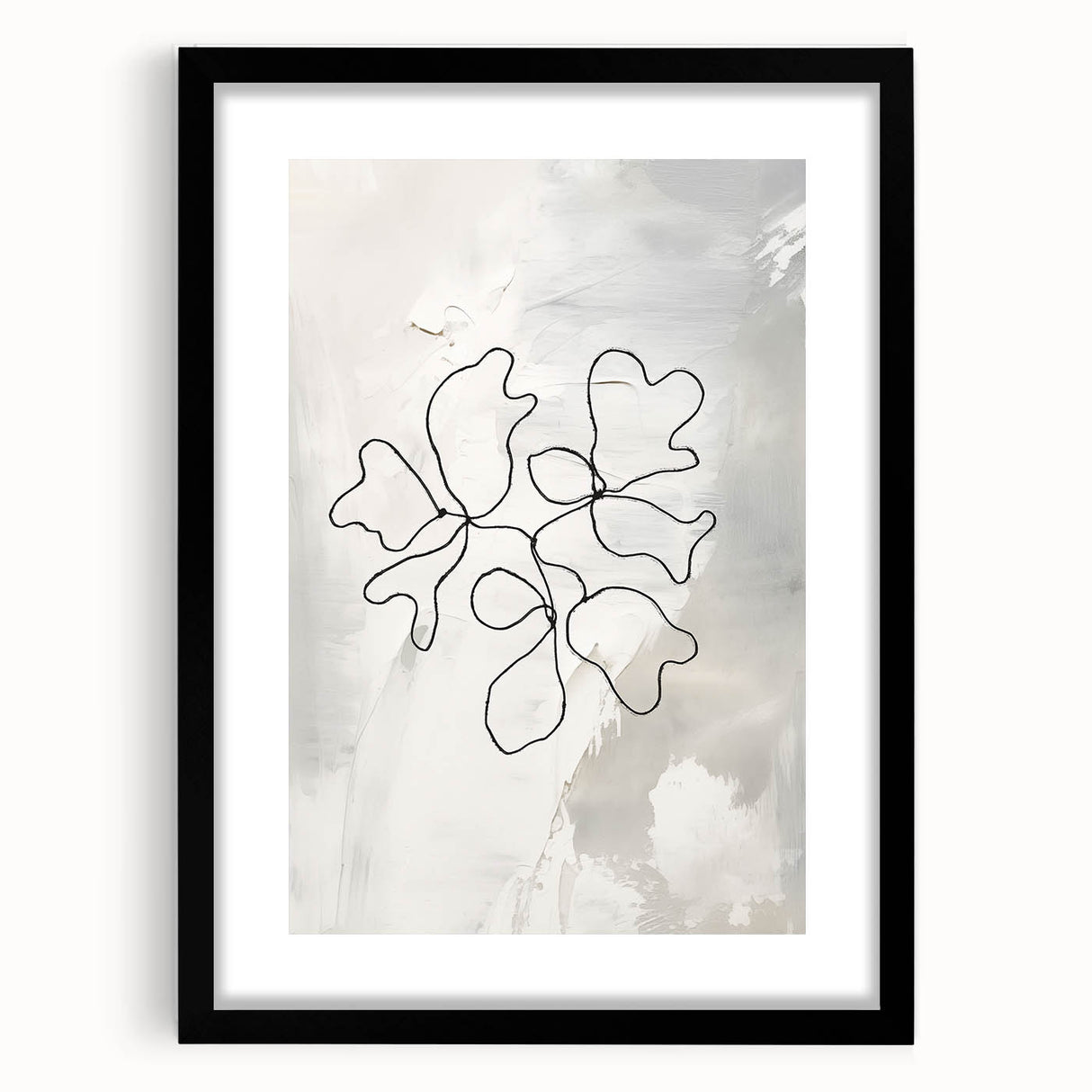 Abstract minimalist wall art collection framed in black, showcasing a sleek design with a mat, perfect for modern decor and enhancing interior aesthetics.