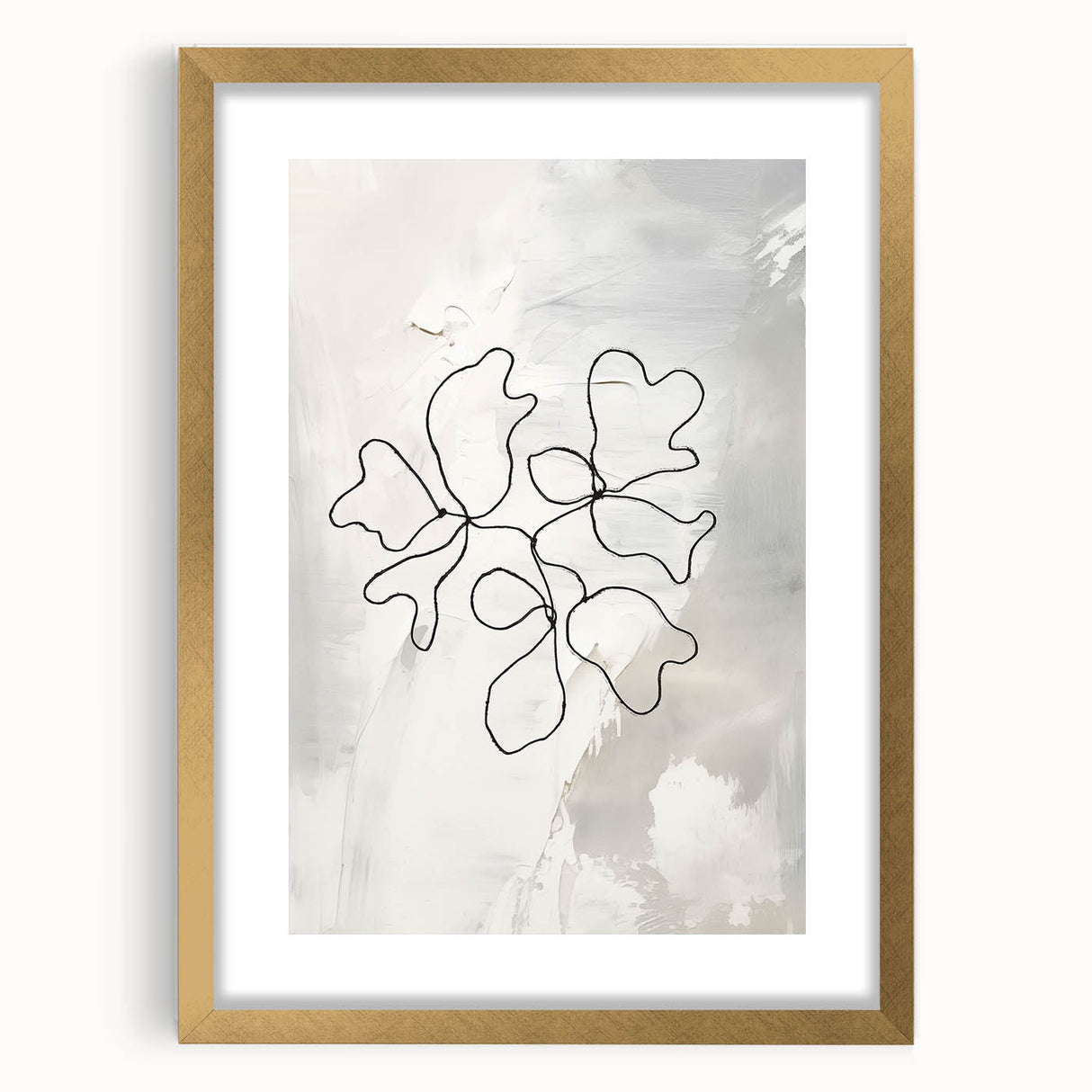 Framed abstract minimalist wall art with a gold finish, featuring geometric shapes and a sleek mat, perfect for modern decor.