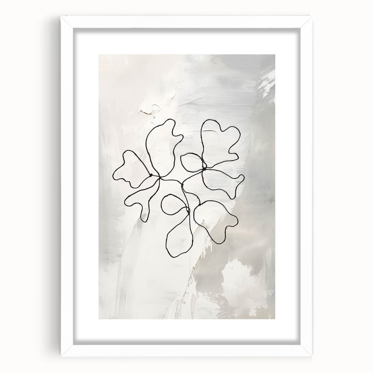 Abstract minimalist wall art design featuring a framed print with a white mat, showcasing geometric shapes in muted colors for modern decor.