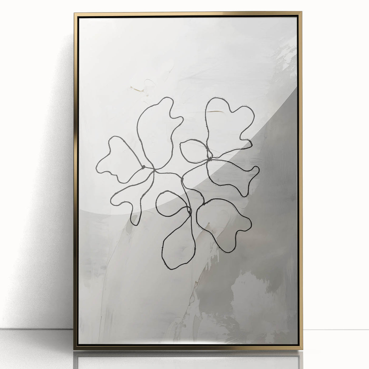 Framed minimalist wall art featuring an abstract design with gold accents, set against a sleek black background, ideal for modern decor.