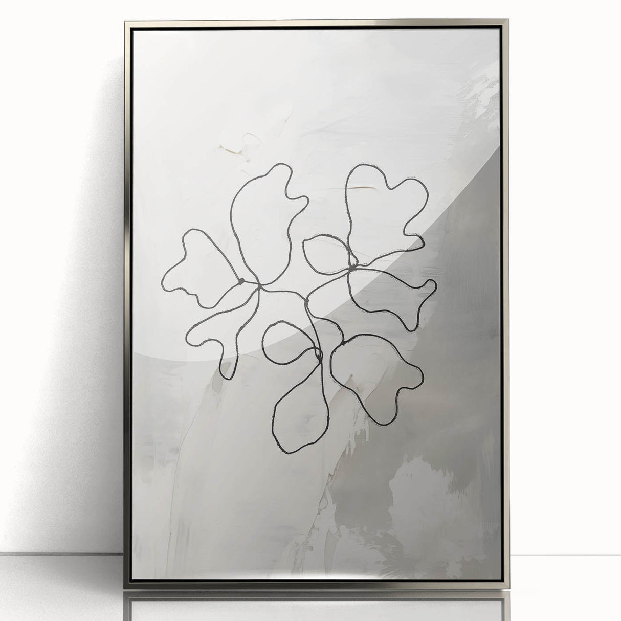 Framed abstract minimalist wall art design showcasing soft silver tones and geometric patterns, perfect for modern home decor enhancement.
