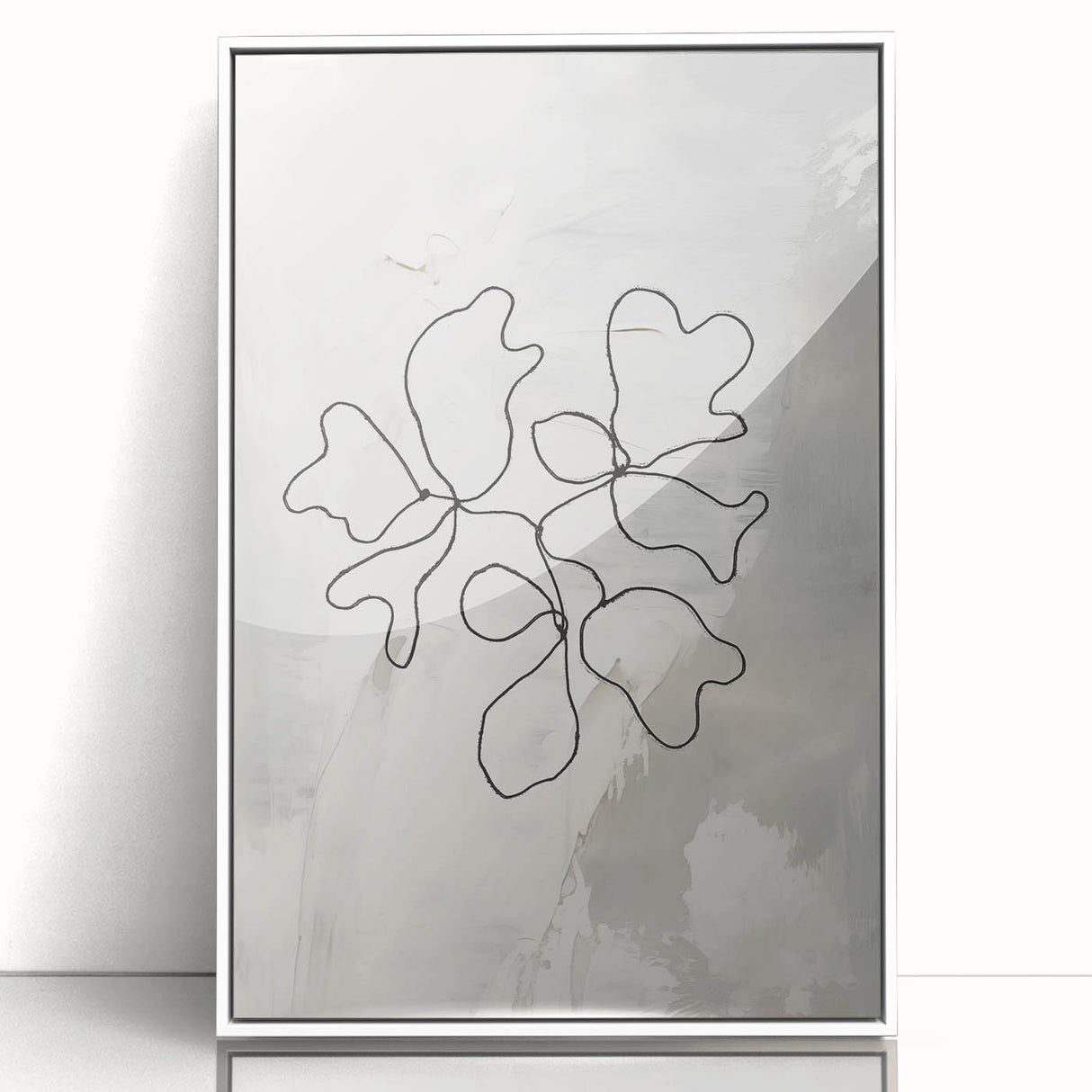 Framed minimalist abstract wall art design featuring soft pastel colors and geometric shapes, elegantly displayed with a white frame.