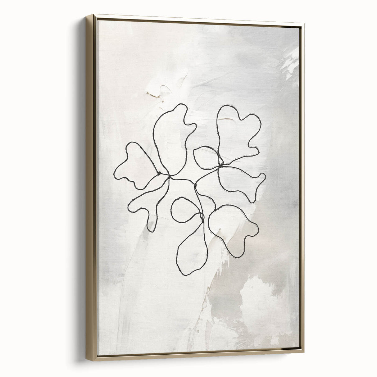 Framed abstract minimalist wall art featuring a striking gold design, elegantly displayed in a sleek frame, perfect for modern decor.