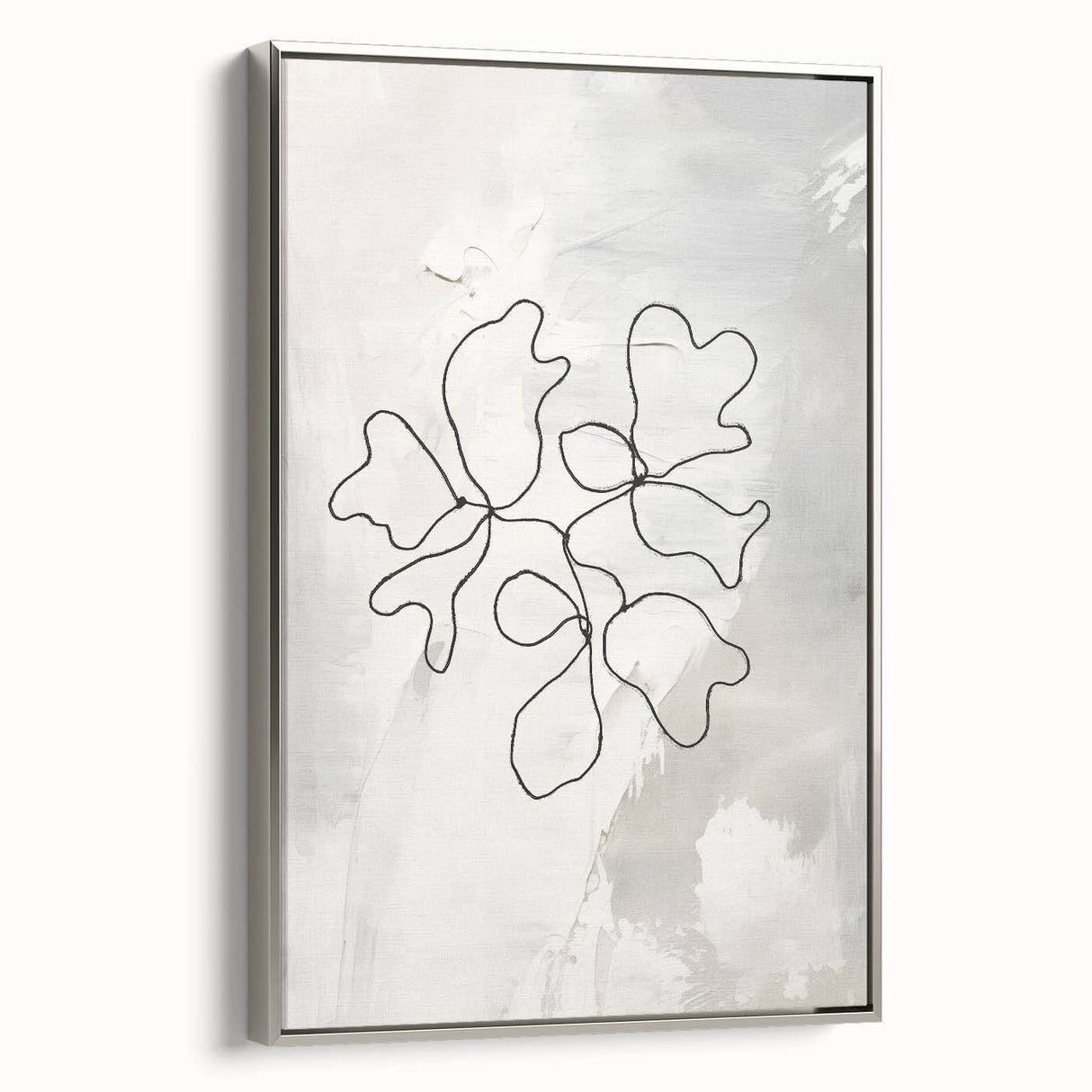 Framed abstract minimalist wall art featuring a silver color scheme and sleek design, showcasing elegant lines and shapes on canvas.