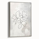Framed abstract minimalist wall art featuring a silver color scheme and sleek design, showcasing elegant lines and shapes on canvas.