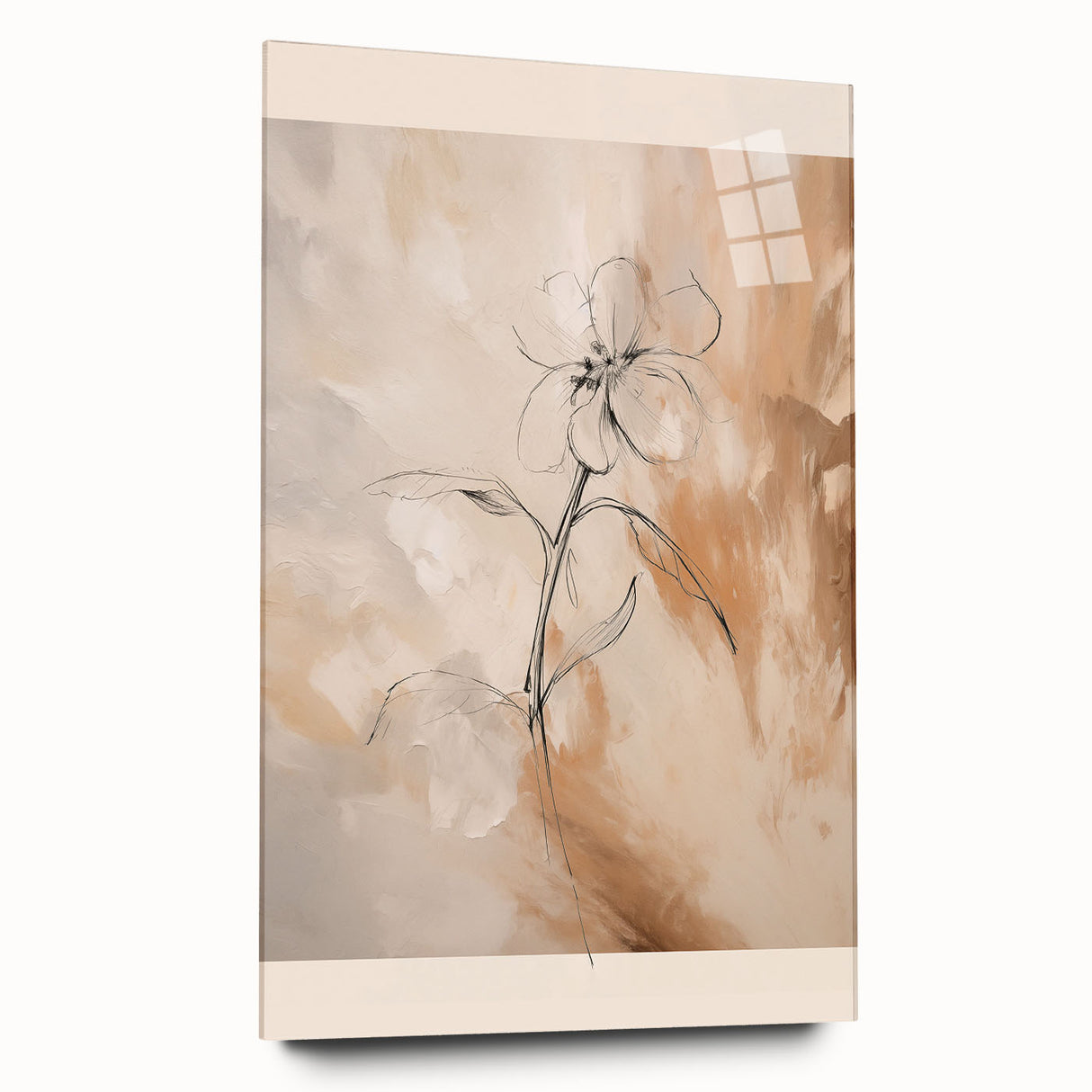 Side view of an abstract minimalist wall art piece displayed on acrylic glass, showcasing soft pastel colors and geometric shapes for modern decor.
