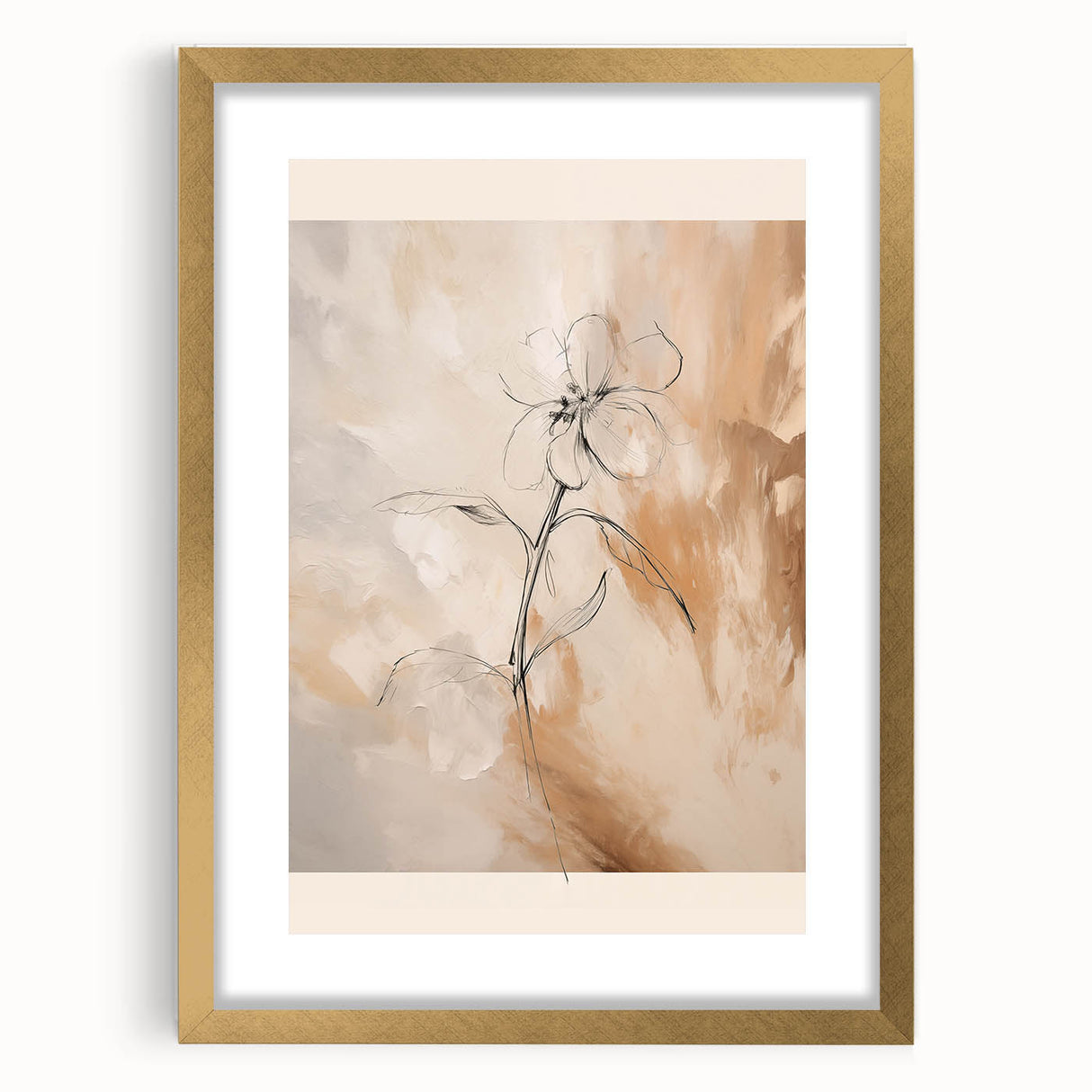Abstract minimalist wall art collection featuring a gold-framed piece with matting, showcasing a contemporary design ideal for modern decor.