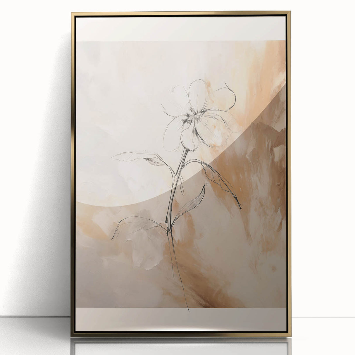 Framed abstract minimalist wall art featuring geometric gold shapes on a white background, perfect for modern decor in any room.