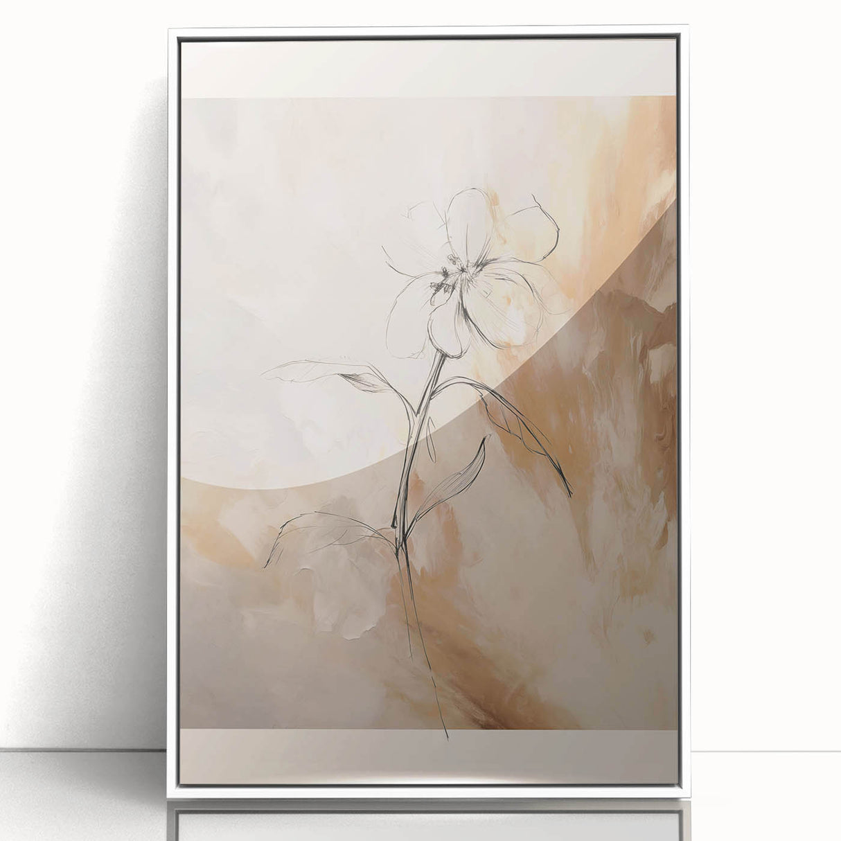 Framed abstract minimalist wall art featuring soft pastel colors and geometric shapes, elegantly displayed with a white frame for modern decor.