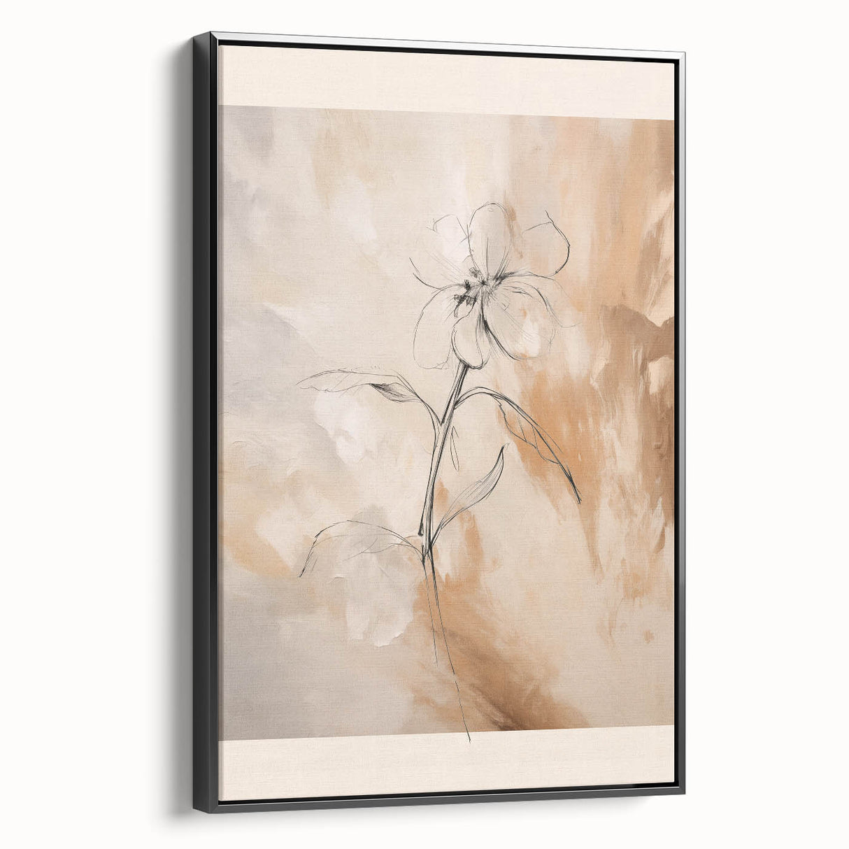 Framed abstract minimalist wall art design showcasing soft earth tones, featuring a black frame, perfect for modern home decor.