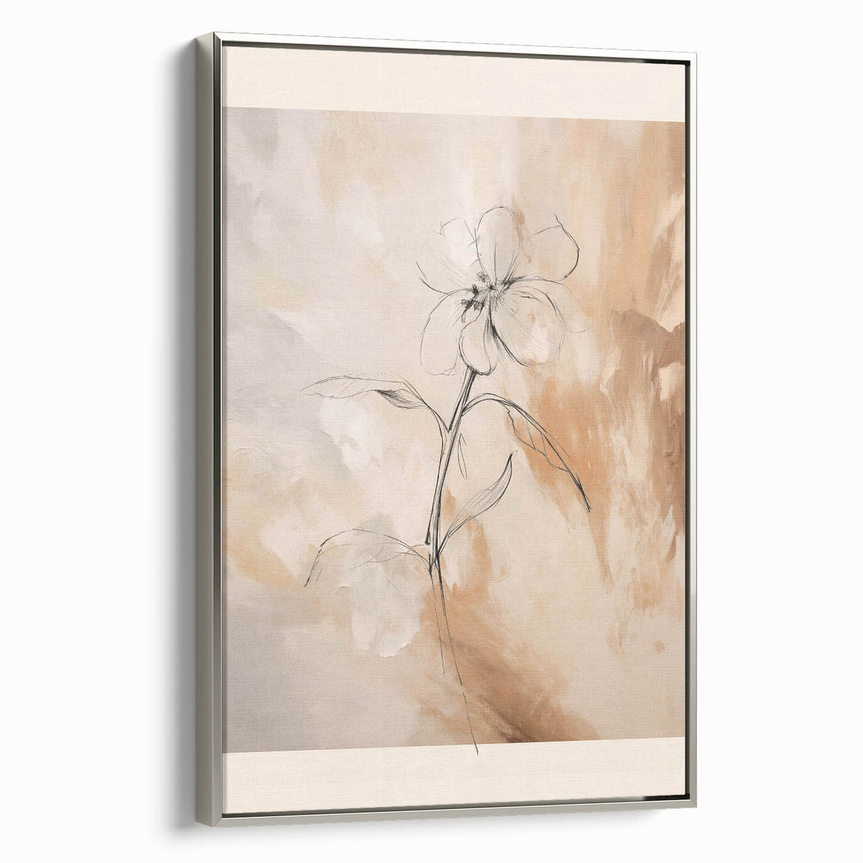 Framed abstract minimalist wall art design showcasing a silver frame, elegant lines, and muted colors, perfect for modern decor.