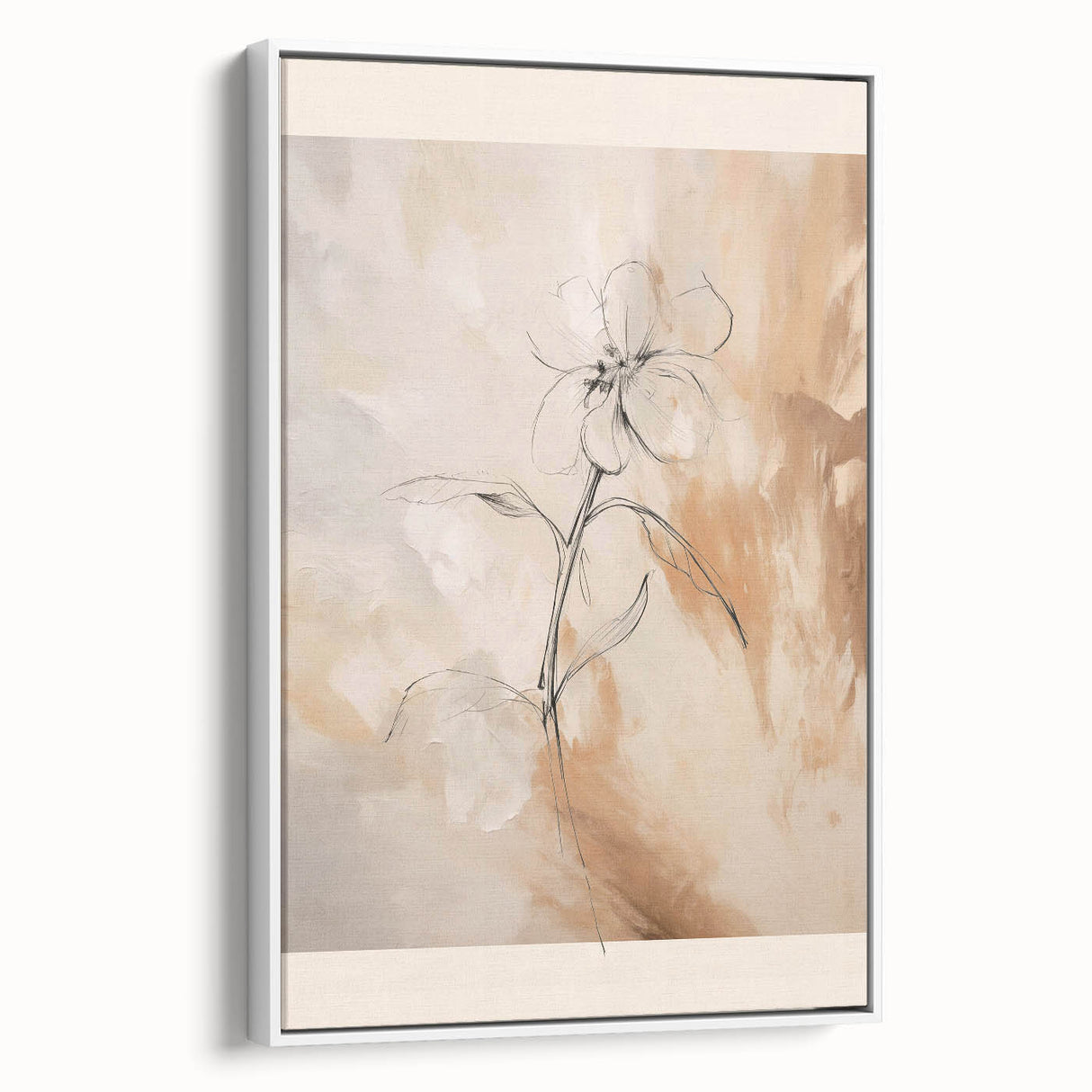 Framed minimalist abstract wall art in a sleek white frame, showcasing soft pastel colors and geometric shapes for modern decor.