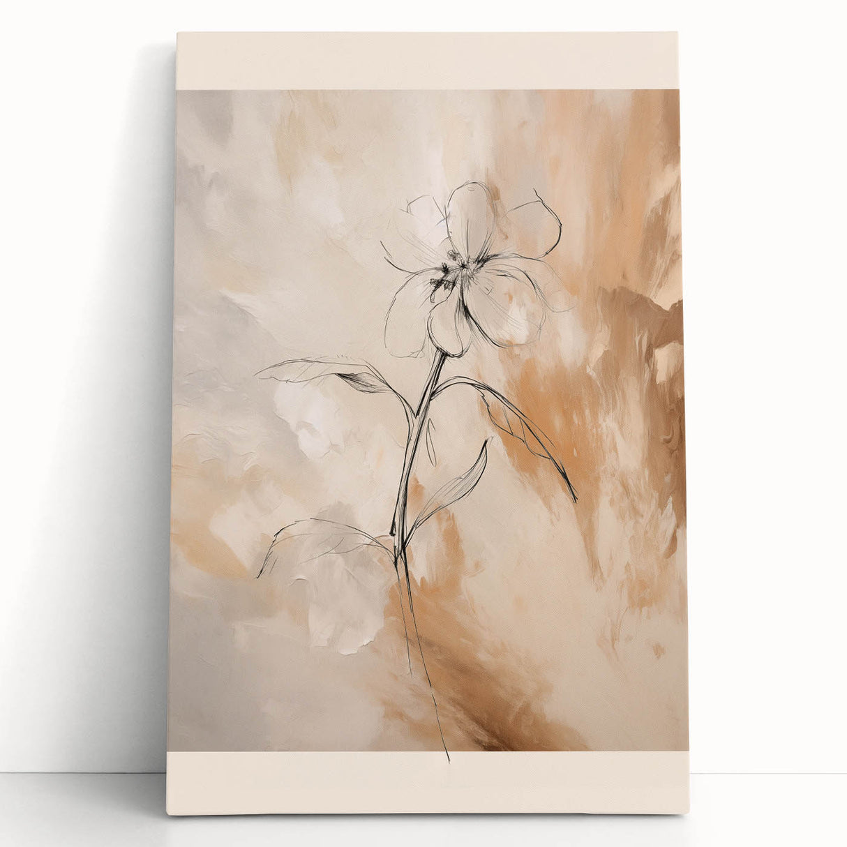 Abstract minimalist wall art design on stretched canvas, showcasing soft neutral tones and fluid shapes, perfect for modern decor.
