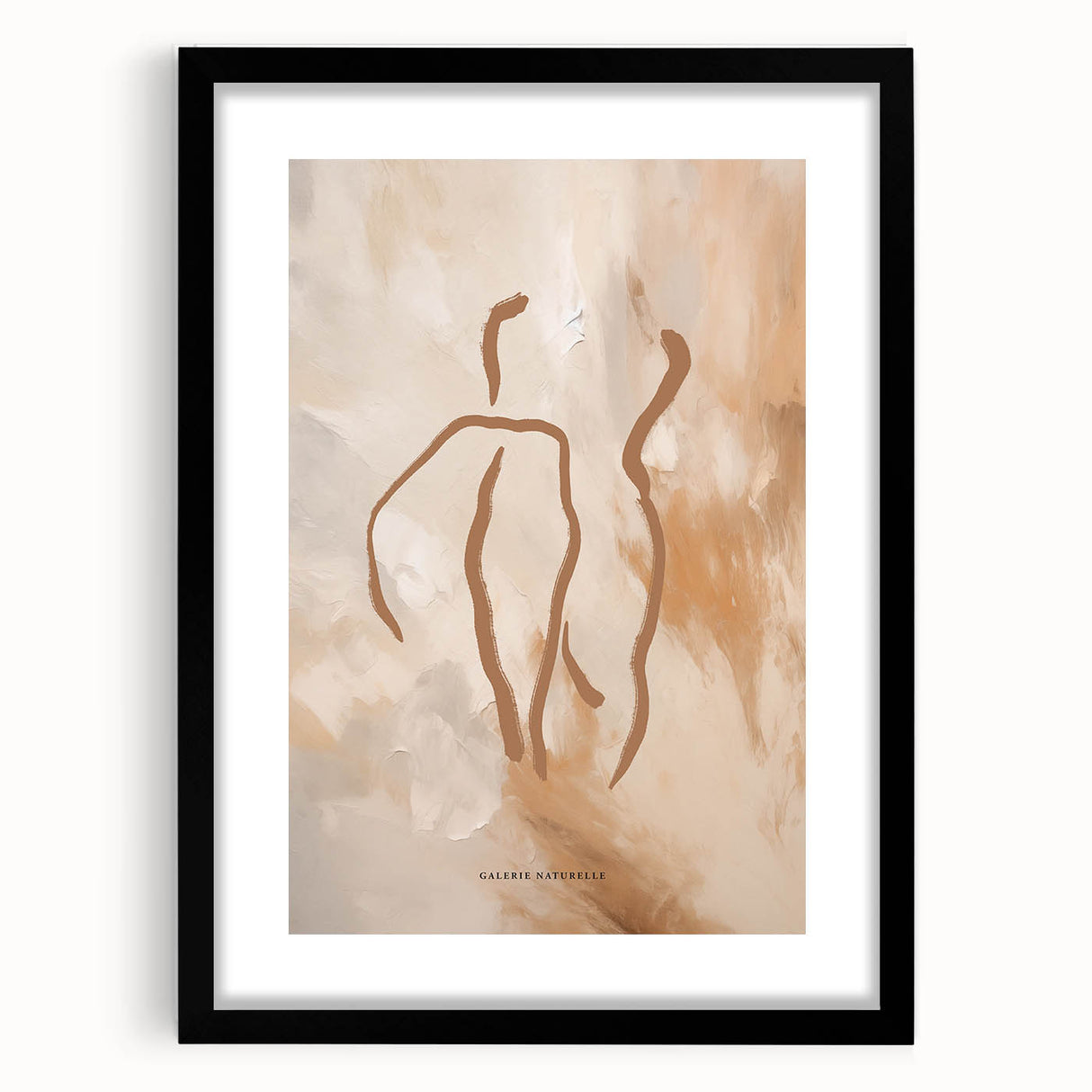 Framed abstract minimalist wall art design featuring a striking black frame and mat, showcasing geometric shapes and soft colors for contemporary decor.