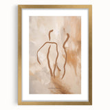 Framed abstract minimalist wall art featuring a gold border, showcasing geometric shapes in muted tones, perfect for modern decor.