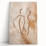 Abstract minimalist wall art design on stretched canvas, featuring soft pastel colors and geometric shapes, leaning against a textured wall for a modern decor accent.