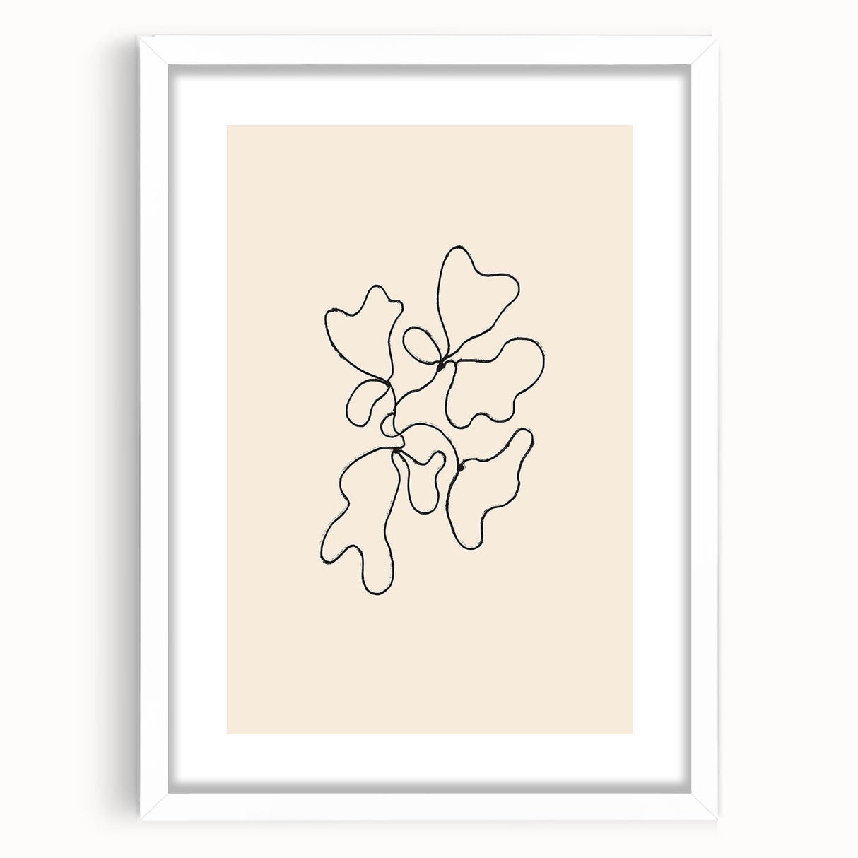 Abstract minimalist framed wall art collection in white mat, showcasing geometric shapes in soft earth tones, ideal for modern decor.