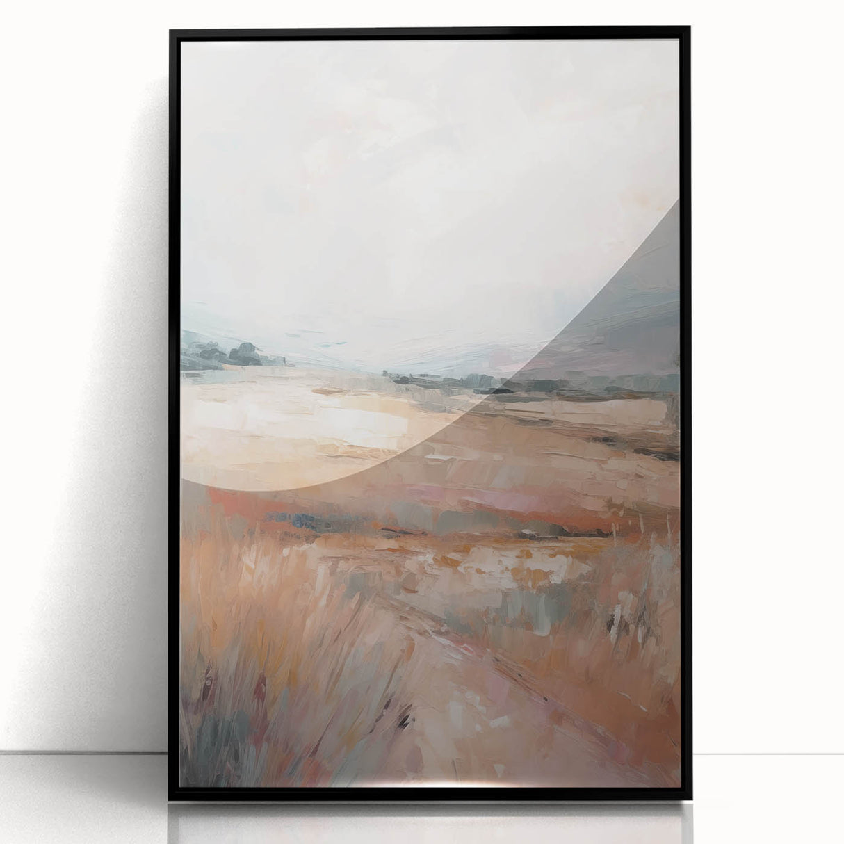 Framed abstract minimalist wall art design featuring bold colors and geometric shapes, displayed in a sleek black frame for modern decor.