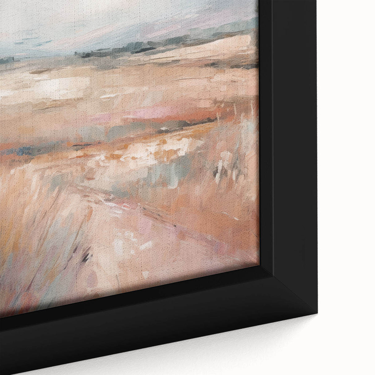 Close-up of a framed minimalist abstract wall art piece, showcasing soft pastel colors and geometric shapes, perfect for modern decor.