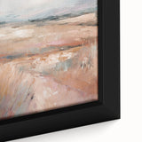 Close-up of a framed minimalist abstract wall art piece, showcasing soft pastel colors and geometric shapes, perfect for modern decor.