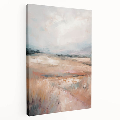 Minimalist abstract wall art design printed on stretched canvas, showcasing soft pastel colors and geometric shapes, ideal for modern decor.