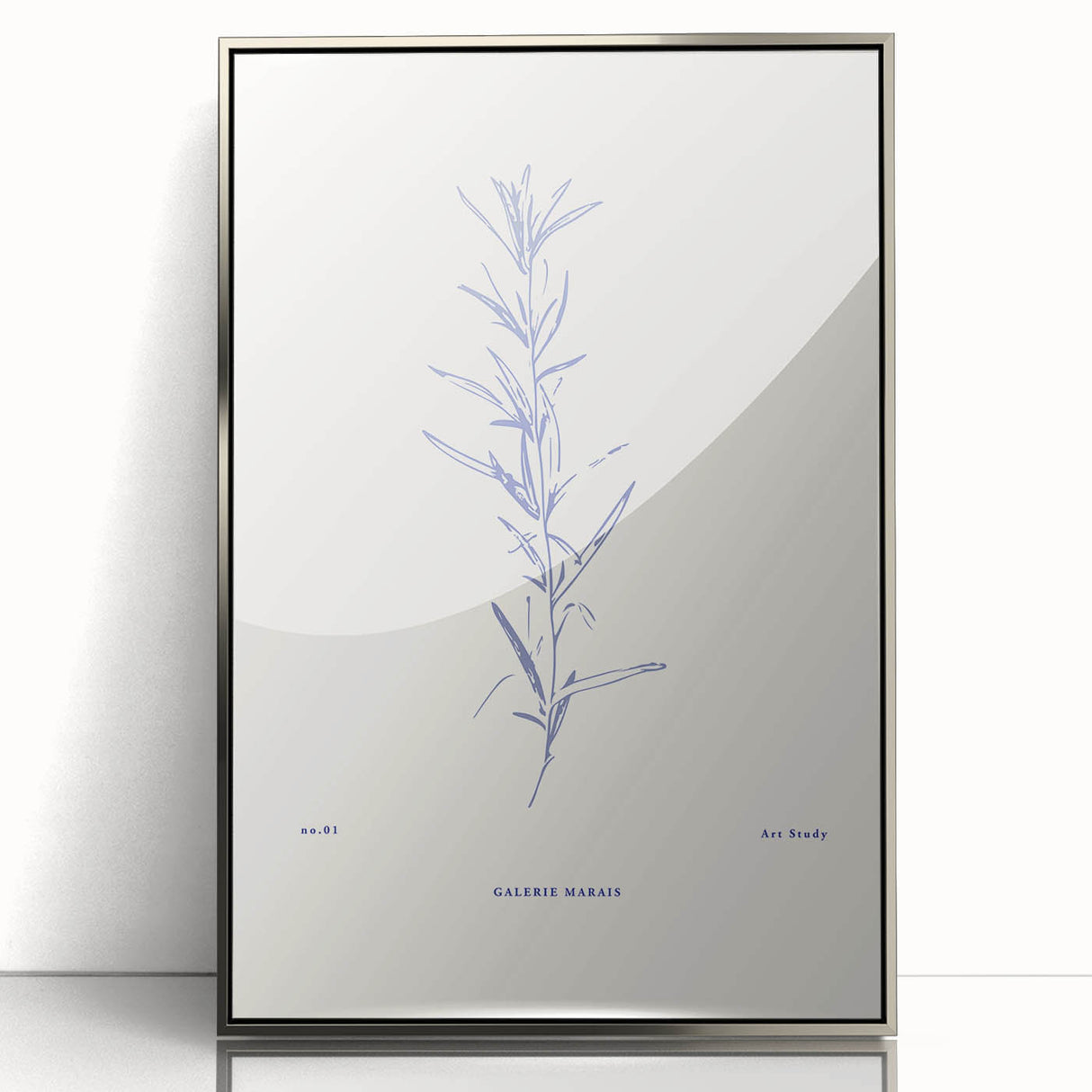 Framed abstract minimalist wall art featuring a silver-acrylic design with sleek lines and geometric shapes, perfect for modern decor.