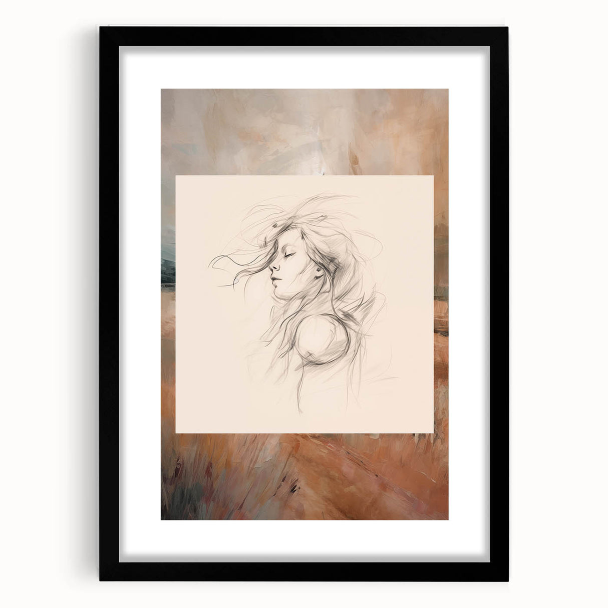 Framed abstract minimalist wall art collection featuring a sleek black frame and mat, showcasing a modern design perfect for contemporary decor.
