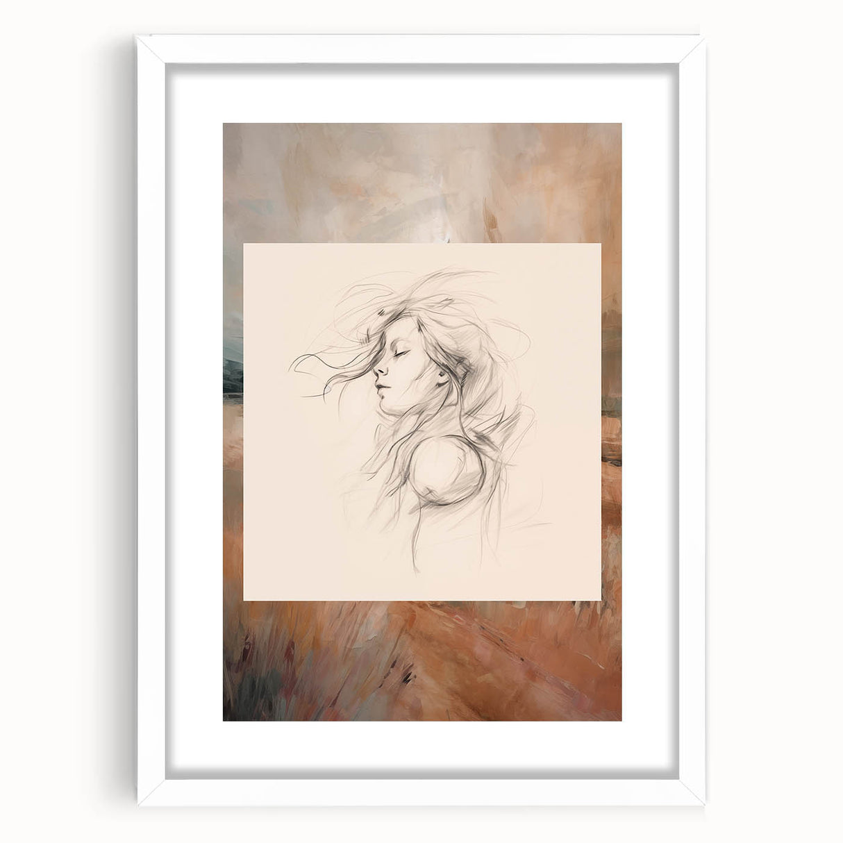 Abstract minimalist wall art design featuring a framed collection with a white mat, showcasing soft colors and simple geometric shapes, ideal for modern decor.