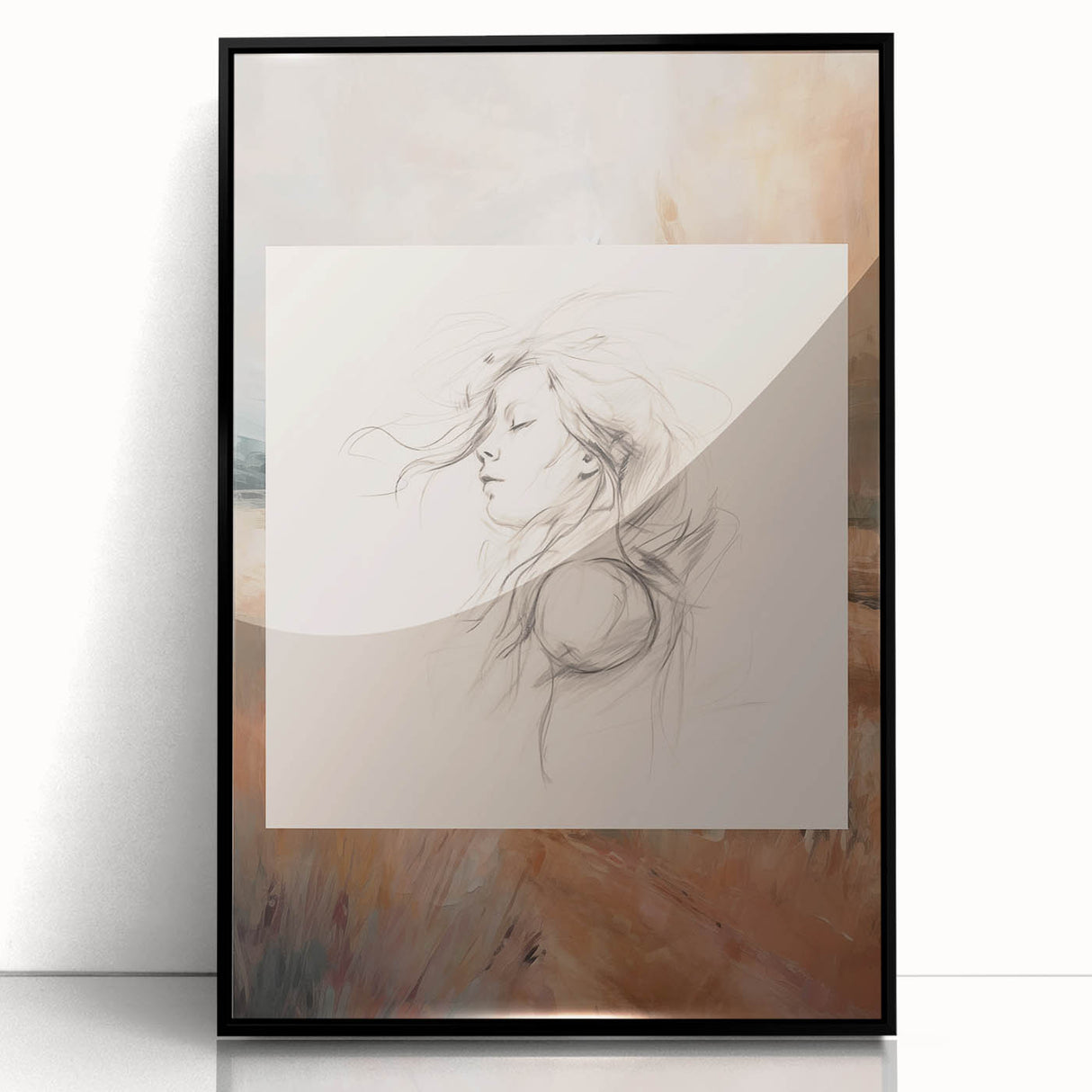 Framed abstract minimalist wall art featuring a sleek black design, showcasing geometric shapes and clean lines for modern decor.