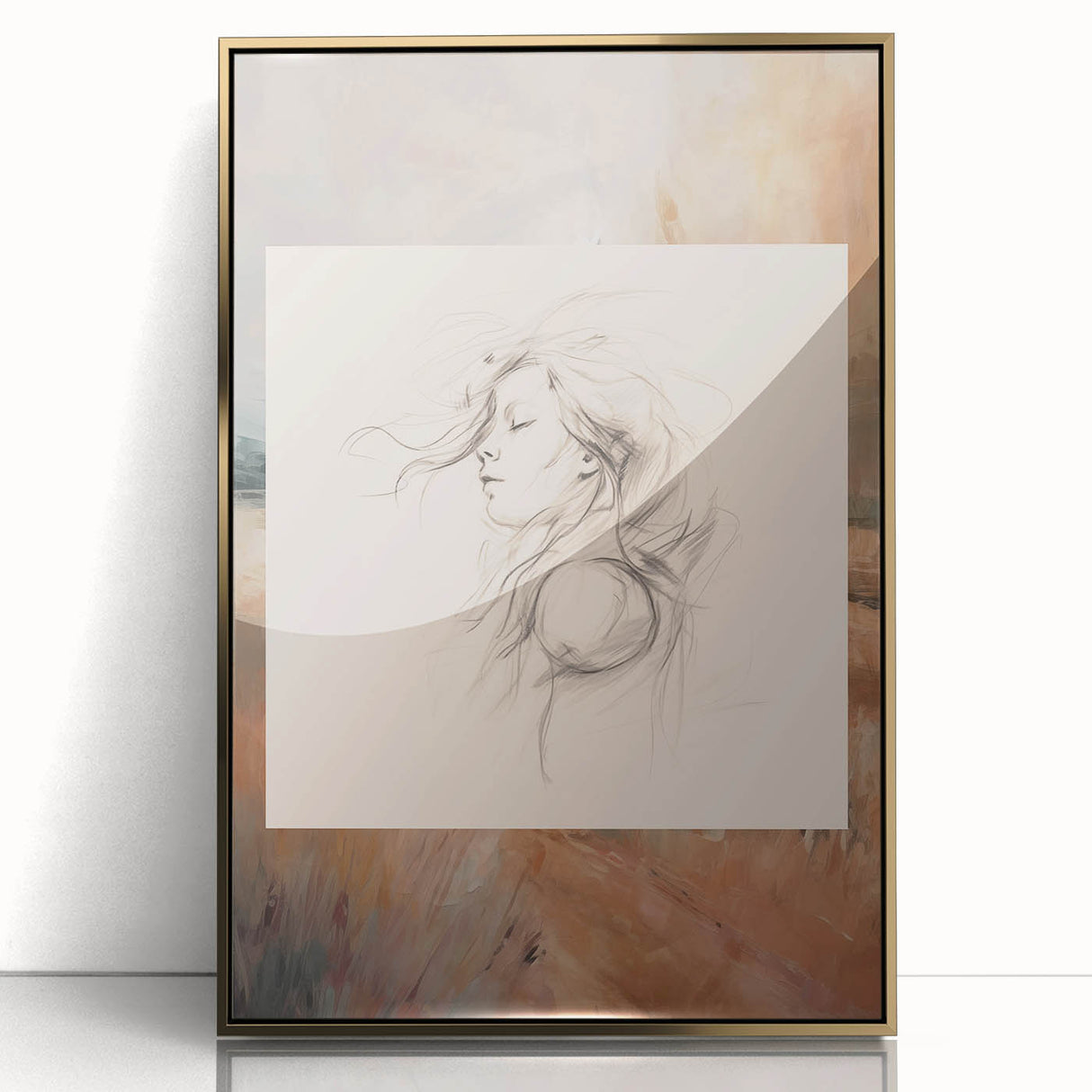Framed abstract minimalist wall art collection featuring a gold-acrylic design, showcasing elegant shapes and a modern aesthetic.