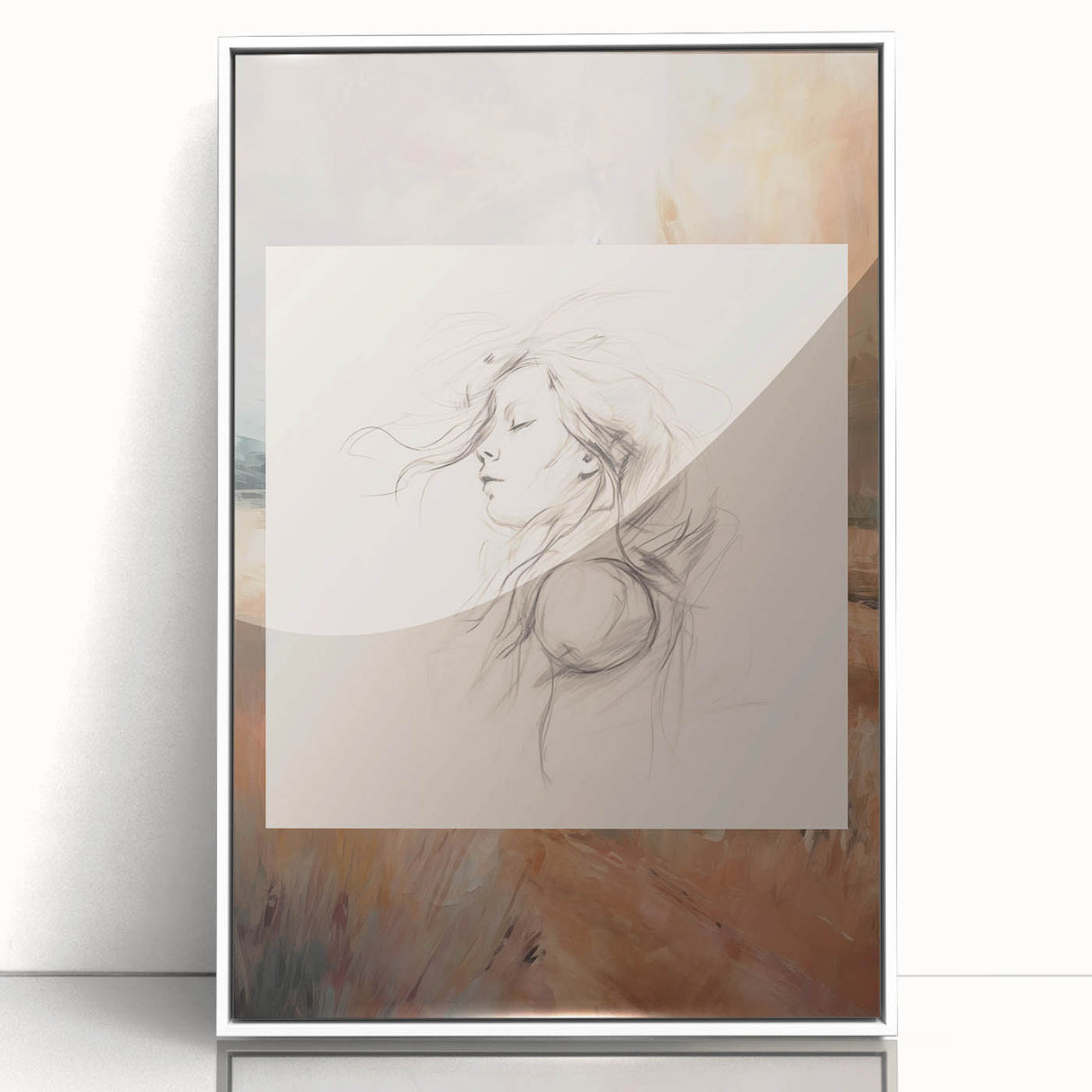 Framed abstract minimalist wall art design featuring soft pastel colors and geometric shapes, elegantly displayed from a front view for home decor.