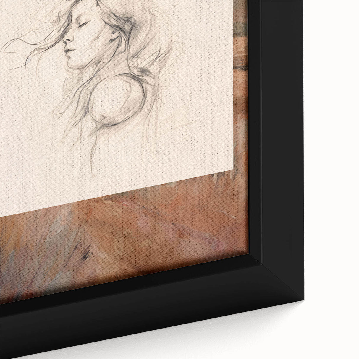 Close-up of framed abstract minimalist wall art, showcasing soft colors and geometric shapes on canvas, perfect for modern decor.