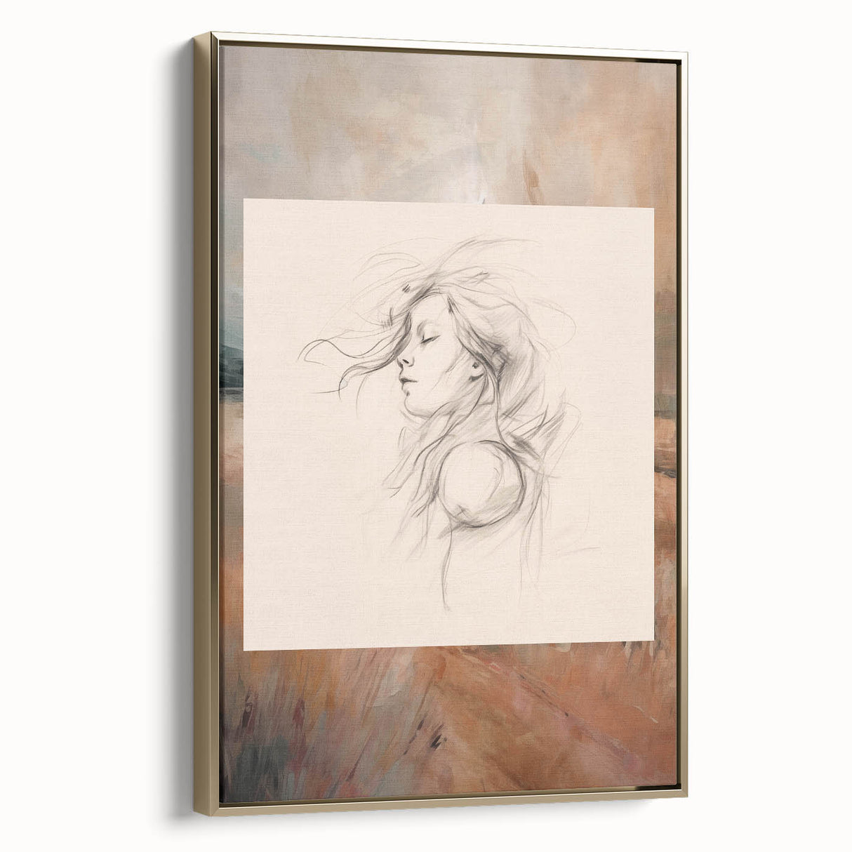 Framed minimalist wall art collection showcasing an abstract design with gold accents, viewed from the side against a neutral backdrop.