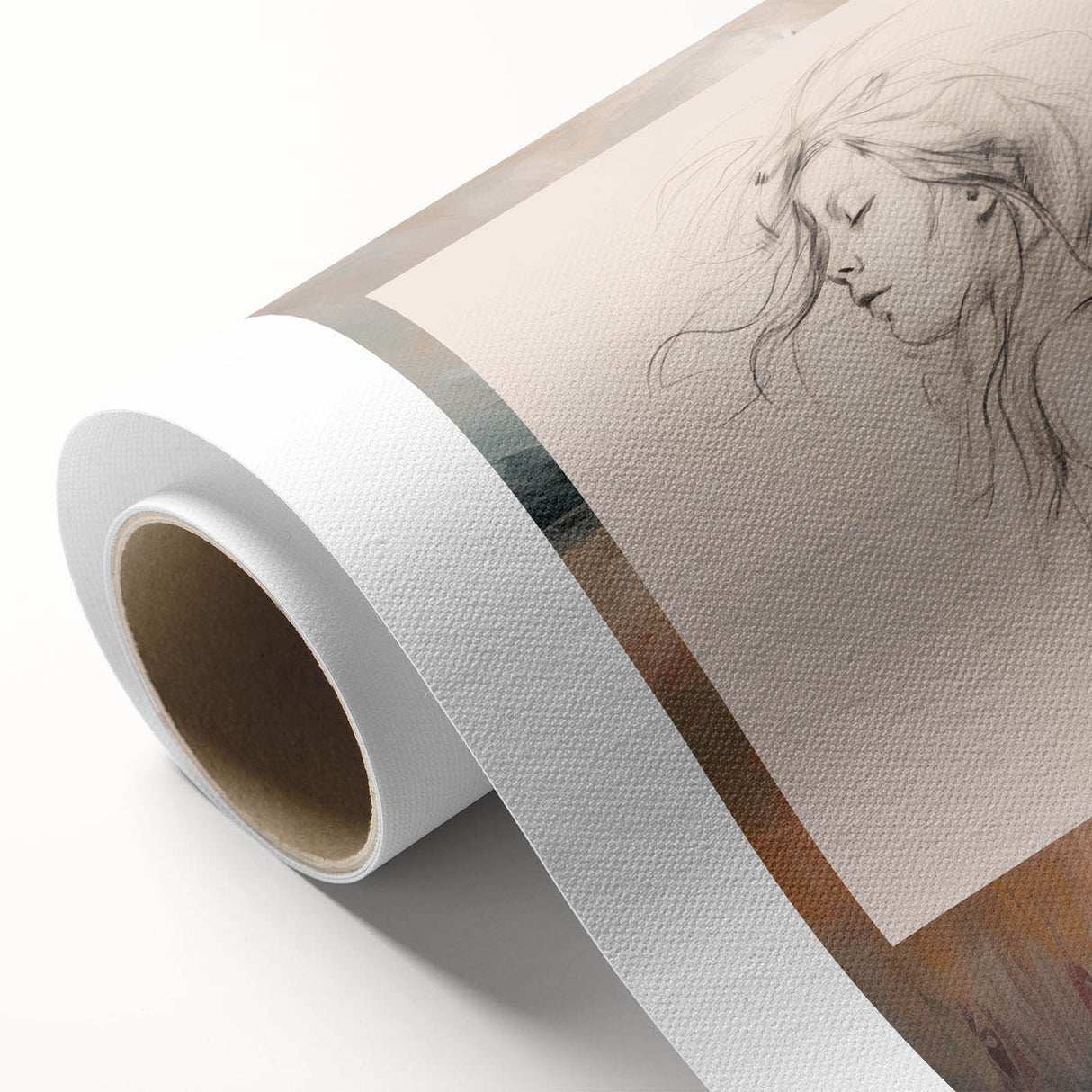 Abstract minimalist wall art design on rolled canvas, showcasing soft pastel colors and fluid shapes, perfect for modern decor and framing.