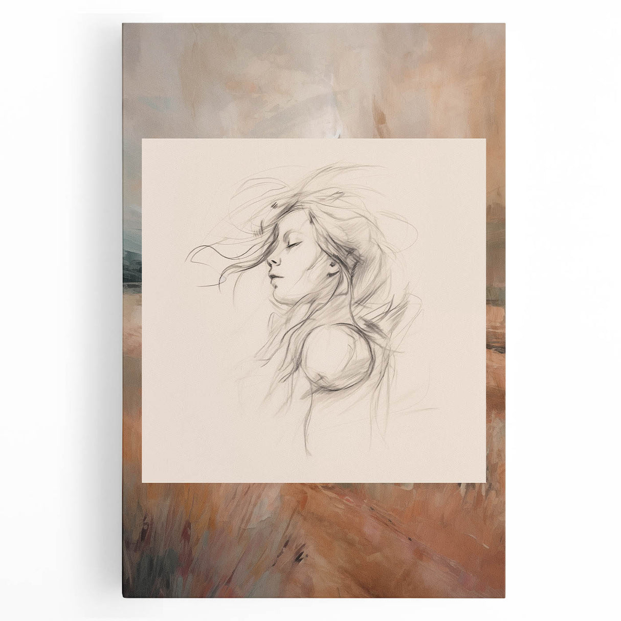 Abstract minimalist wall art collection featuring a stretched canvas design with soft pastel colors and geometric shapes, ideal for modern decor.